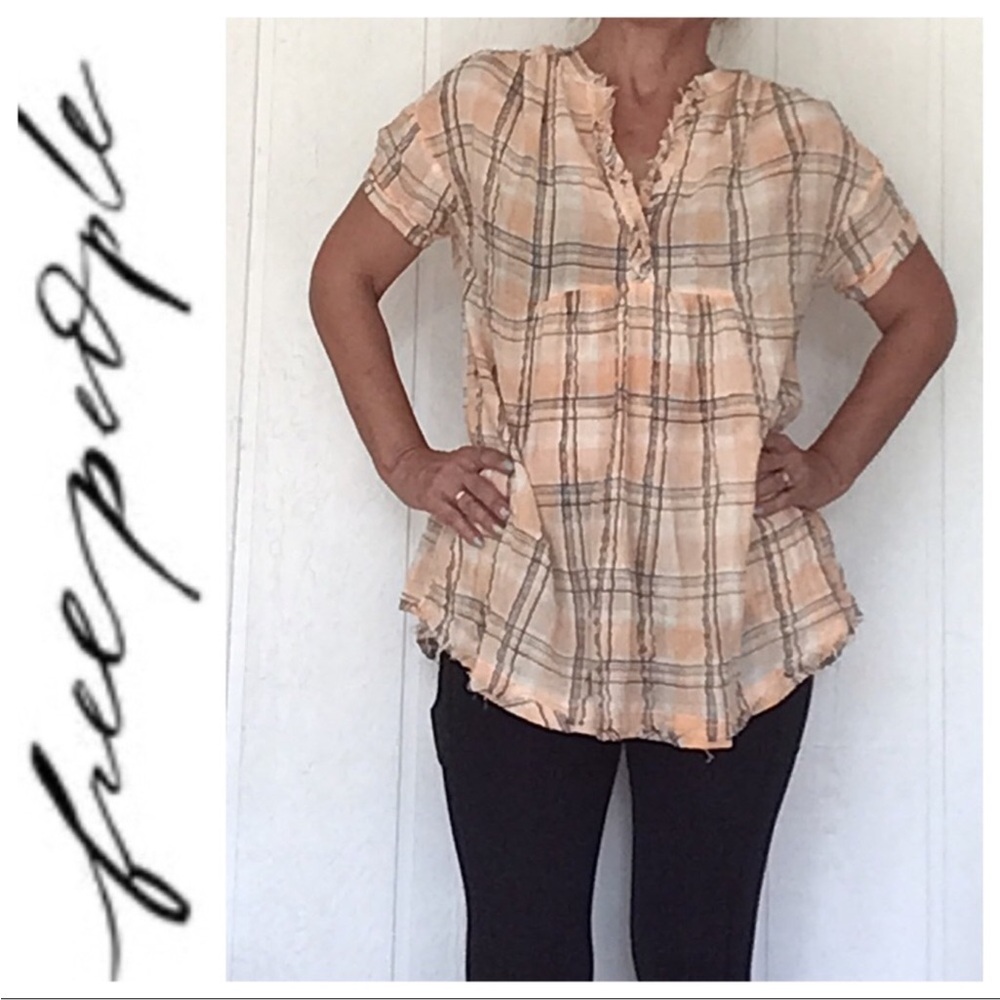 Free People Orange Pink Short Sleeve Blouse with Mandarin Collar size small